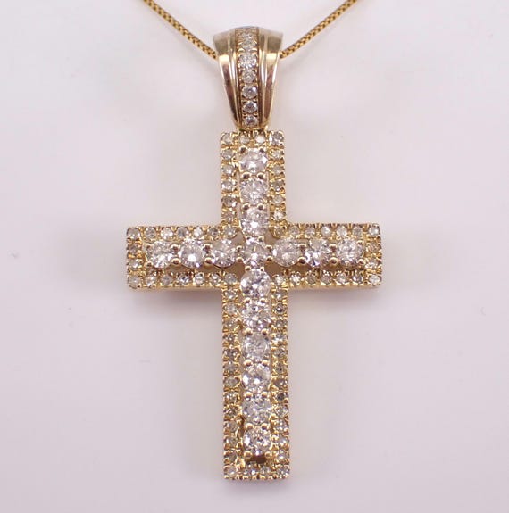 Yellow Gold Diamond Cross Pendant and Chain: Religious Fine Jewelry Charm Necklace