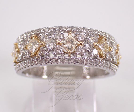 18K White Gold Canary Diamond Wedding Ring:  Square Canary Princess Cut Anniversary Band