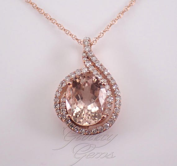 Rose Gold Morganite and Diamond Necklace: Teardrop Halo Charm Pendant and Chain