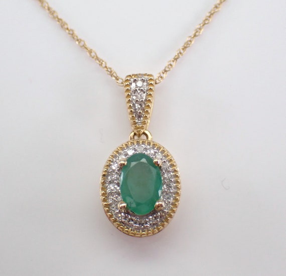 Emerald and Diamond Pendant and Chain - Yellow Gold Gemstone Halo Necklace - May Birthstone Fine Jewelry Gift