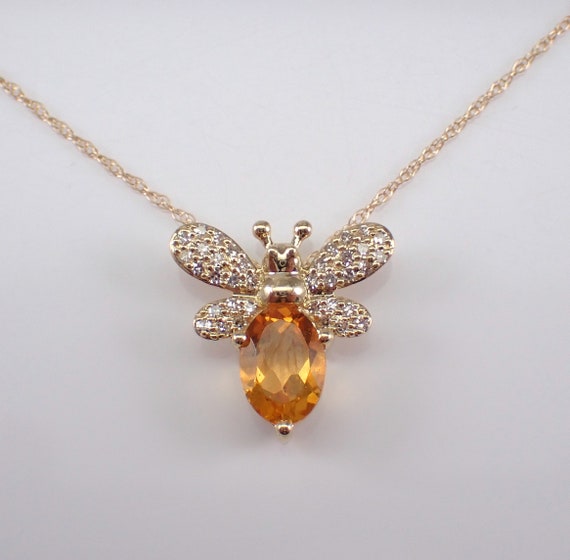 Citrine and Diamond Butterfly Necklace - Yellow Gold Gemstone Fine Jewelry - Dainty Bee Pendant and Chain - November Birthstone Gift