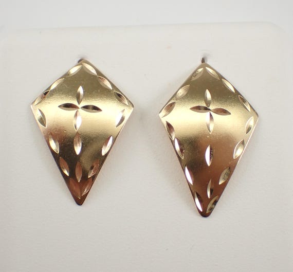 14K Yellow Gold Stud Earrings - Unique Dainty Kite Cross Drop - Vintage Fine Jewelry Bridal Gift