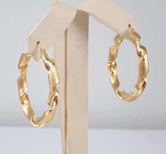 Vintage 14K Yellow Gold Hoop Earrings, Genuine Estate Hoops for Her, Unique Twisted Swirl Spiral