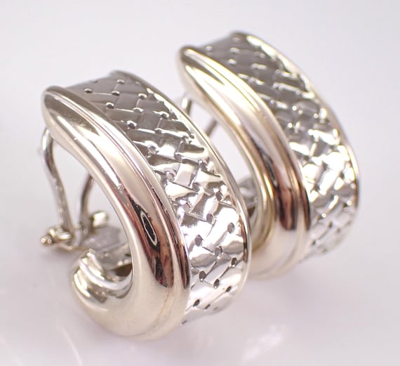 Vintage 14K White and Yellow Gold Earrings - Braided Chunky Half Hoop Huggies - Secure Omega Clip Clasps