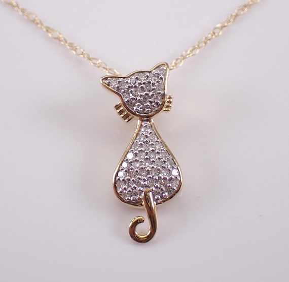 Yellow Gold Diamond Cat Charm Pendant - Adorable Kitten Necklace and Chain - Unique Pet Mom Jewelry Gift