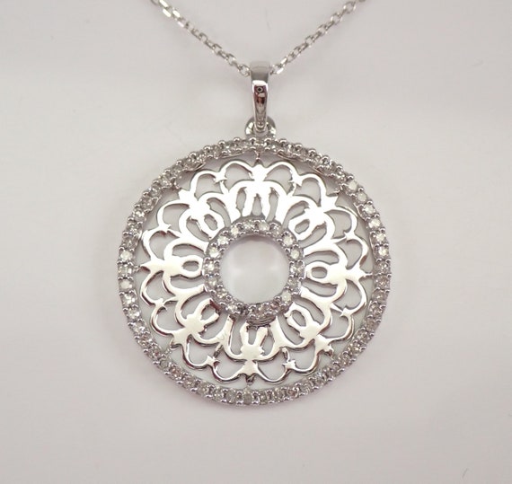 Genuine Diamond Pendant Necklace - 14K White Gold Jewelry - Unique Circle MANDALA Design - 18 inch Chain