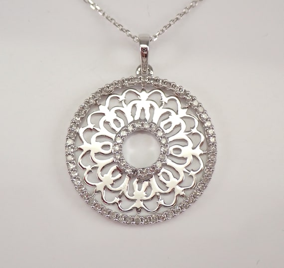 14K White Gold Diamond Pendant and Chain - Unique Circle MANDALA Charm Necklace - GalaxyGems Bridal Jewelry Gift