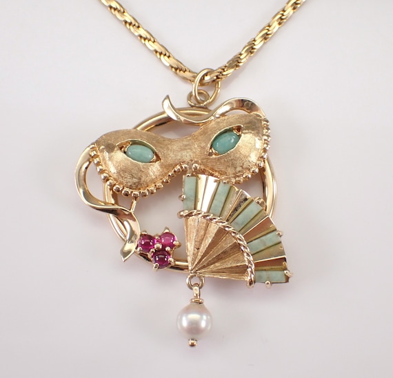 Vintage 14K Yellow Gold Jade and Pearl Necklace, One of a Kind Estate Mask and Fan Charm Pendant, Antique Rope Chain Jewelry Gift