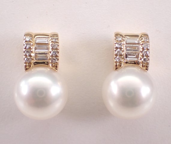14K Yellow Gold Pearl and Diamond Stud Earrings: Unique June Birthstone Jewelry Gift