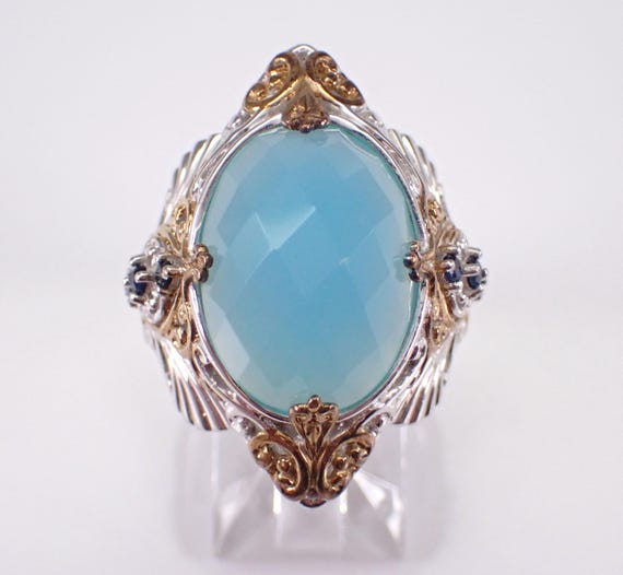 Vintage Sterling Silver Chalcedony and Sapphire Ring - Large Estate Gemstone Band - Unique Two Tone Jewelry Gift