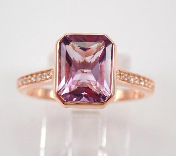 Emerald Cut Amethyst Engagement Ring - Genuine Diamond Bezel Setting - Rose Gold February Gemstone Anniversary Gift