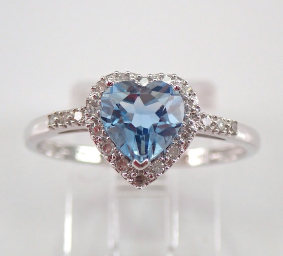 Genuine Blue Topaz Heart Ring - Natural Diamond Halo Engagement Ring - Solid White Gold Promise Gift