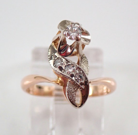 Antique 14K Rose Gold Diamond Ring - Vintage Little Petite Flower Band - Unique Dainty Fine Jewelry