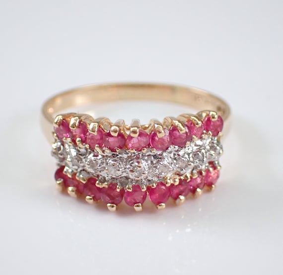 Vintage Ruby and Diamond Wedding Ring - Solid 14K Yellow Gold Pyramid Anniversary Band - July Birthstone Jewelry Gift