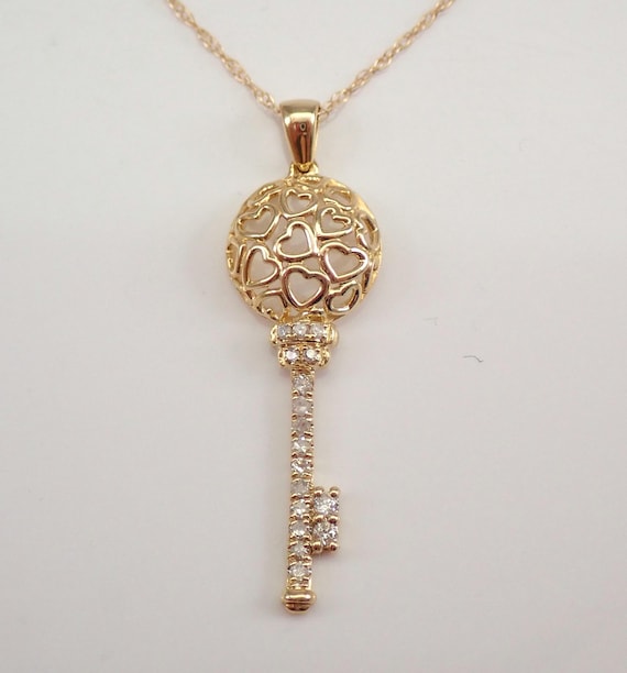 Yellow Gold Diamond KEY Pendant, Unique Open Heart Charm Necklace, Dainty Fine Jewelry Gift