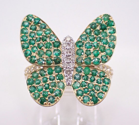 14K Yellow Gold Emerald Butterfly Ring - Unique Pave Cluster Gemstone Band - GalaxyGems Fine Jewelry Gift