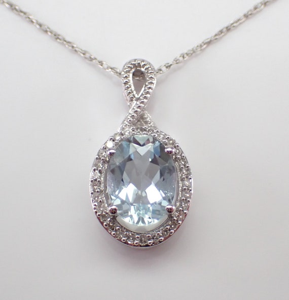 Aquamarine and Diamond Pendant and Chain - White Gold Halo Choker Necklace - Unique March Birthstone Jewelry Gift