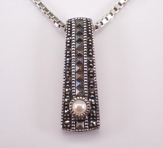Vintage Sterling Silver Marcasite and Pearl Necklace, Estate Charm Slide Pendant and Chain