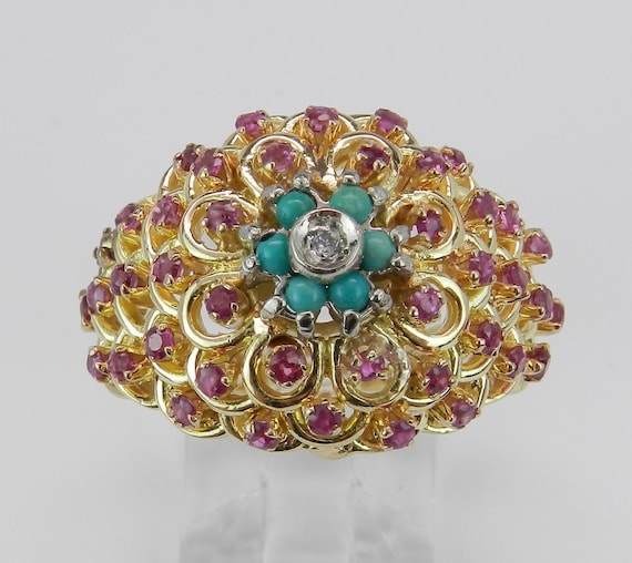 Vintage Turquoise and Ruby Ring - Solid 18k Yello… - image 2