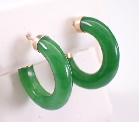 14K Yellow Gold Jade Earrings - Green Gemstone Huggie Hoops - GalaxyGems Unique Jewelry Gift