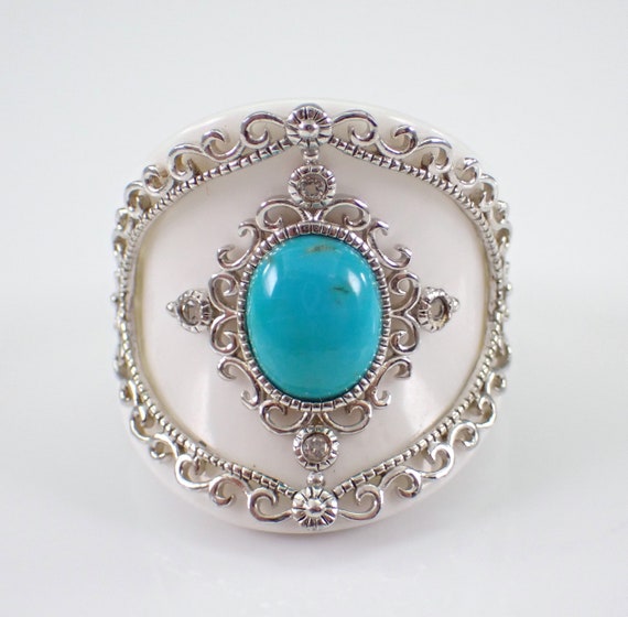 Sterling Silver Turquoise Ring - Unique Large White Acrylic Band - Estate Jewelry Gift - Size 8