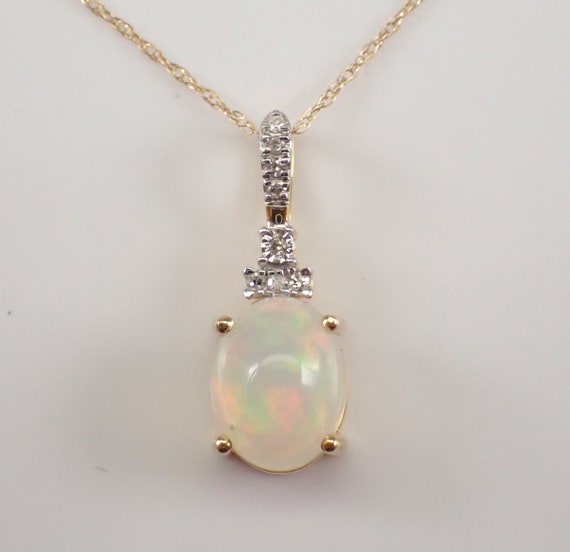 Opal and Diamond Pendant Necklace - Yellow Gold Choker with 18 inch Chain - October Gemstone Jewelry Gift for Women