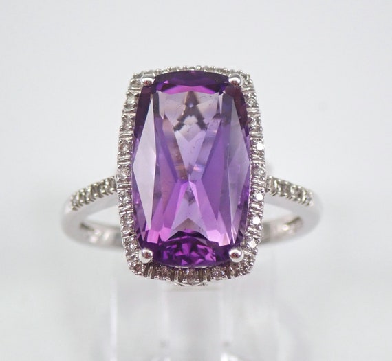 Elongated Cushion Cut Amethyst Ring - 14K White Gold Gemstone Engagement Ring - Diamond Halo Setting - February Birthstone Fine Jewelry