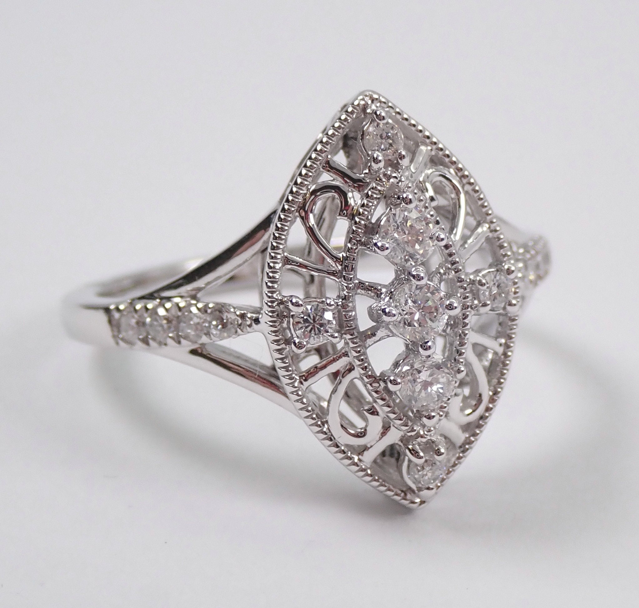 Vintage Style White Gold Diamond Cocktail Cluster Ring Size 7 Antique Look