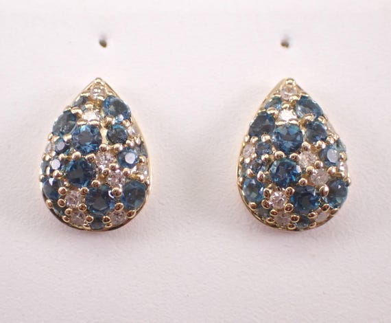 Yellow Gold Blue Topaz Stud Earrings, Diamond Teardrop Cluster
