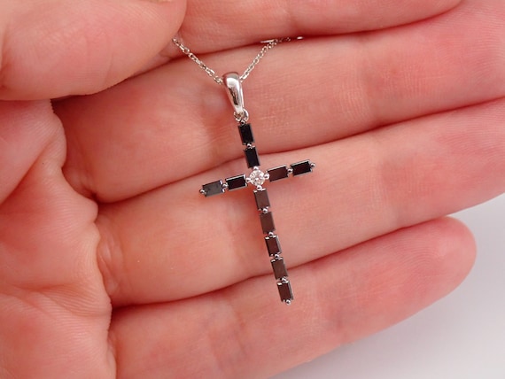 14K White Gold Black Diamond Baguette Cross Necklace, Unique Religious Black Diamond Jewelry, Mothers Day Gift Graduation Gift 16" Chain