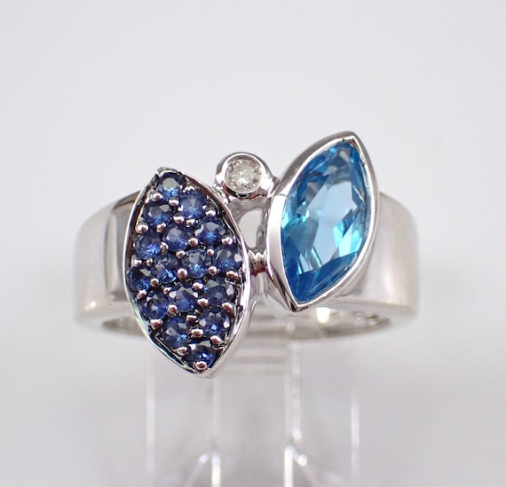 Blue Topaz and Sapphire Ring - 14k White Gold Diamond Setting - Unique Cluster Gemstone Fine Jewelry Gift