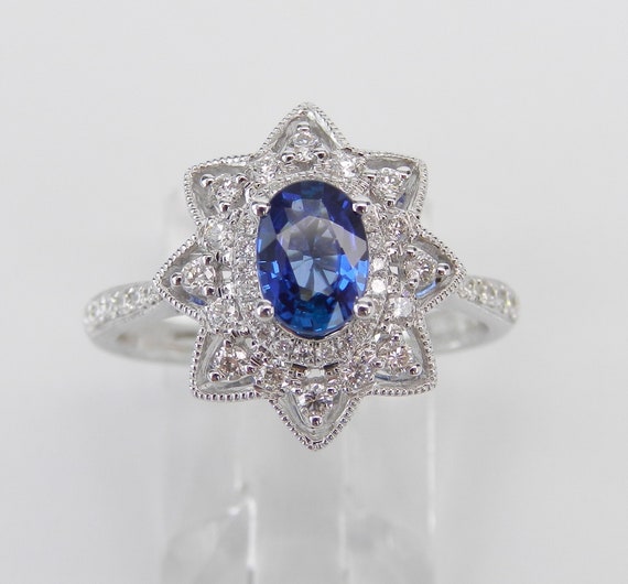 18K White Gold Sapphire and Diamond Ring - Flower Halo Engagement Setting - September Birthstone Jewelry Gift