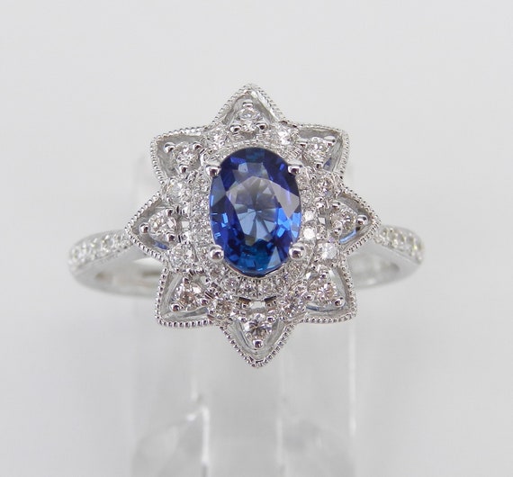 Genuine Sapphire and Diamond Ring - 18K White Gold Flower Halo Setting - Alternative Bridal Engagement Ring - September Birthstone Jewelry