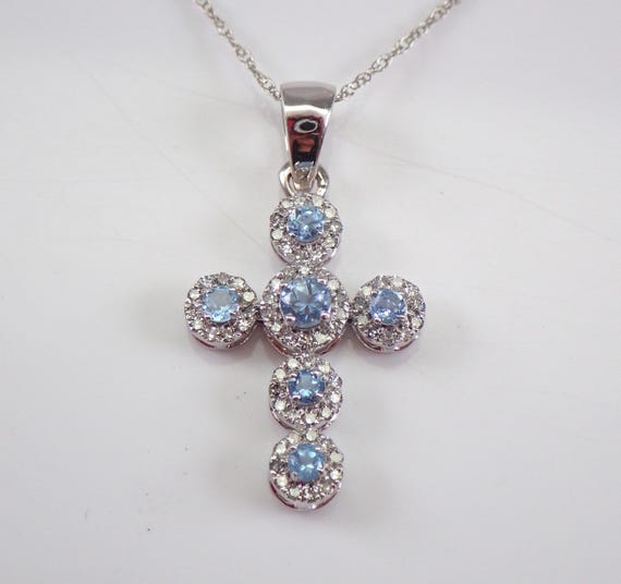 Aquamarine and Diamond Cross Pendant - White Gold Necklace and Thin Chain - Dainty Religious Charm Choker Jewelry