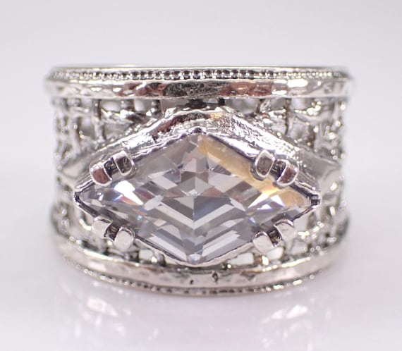 Sterling Silver Cubic Zirconia Engagement Ring, Chunky Kite Shape Solitaire Promise CZ Band - Vintage Estate Bridal Jewelry Gift