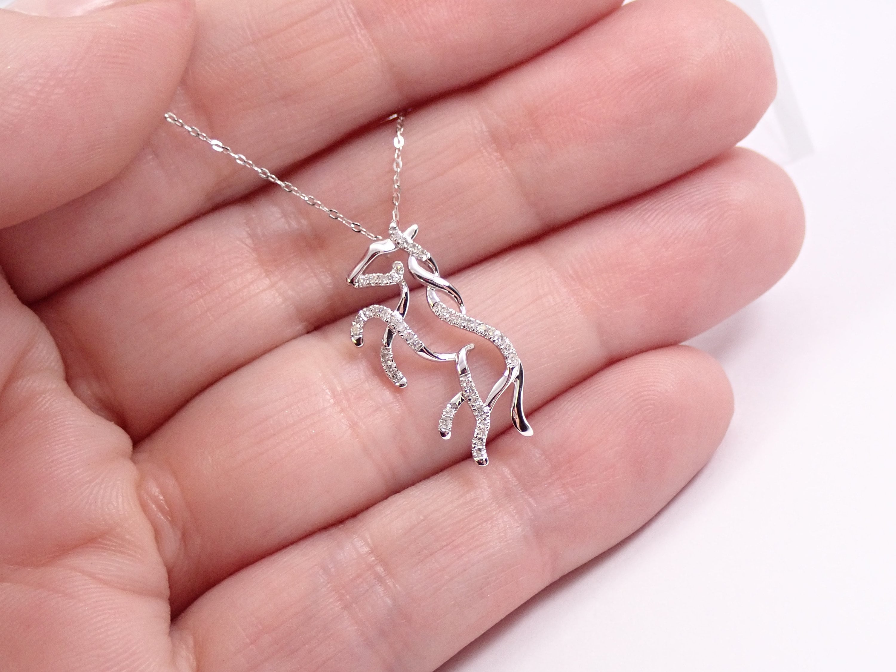 White Gold Diamond HORSE Pendant Necklace Chain 18 Equestrian Animal