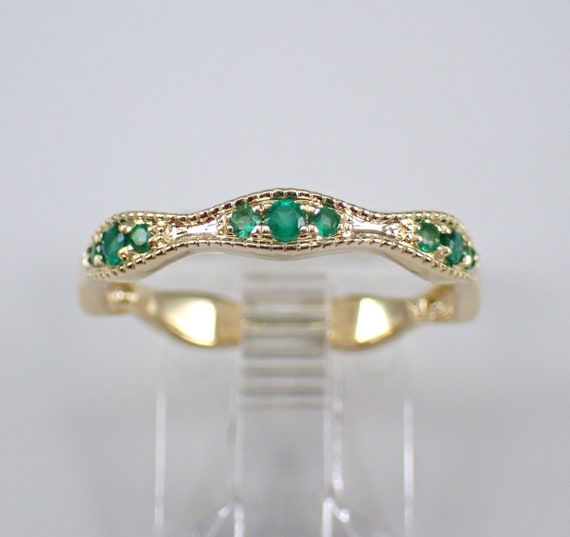 Genuine Emerald Wedding Ring, Solid Yellow Gold Stacking Anniversary Band, May Gemstone Gift for Women