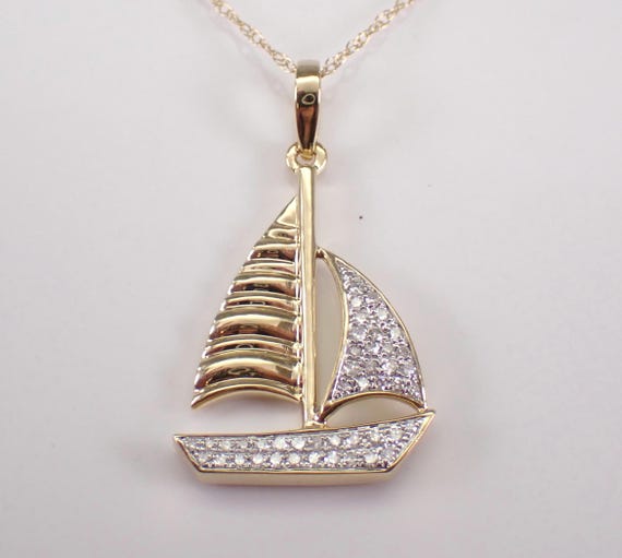 Yellow Gold Diamond Ship Charm, Sailboat Pendant Choker Necklace, Unique Marine Sea Life Jewelry Gift