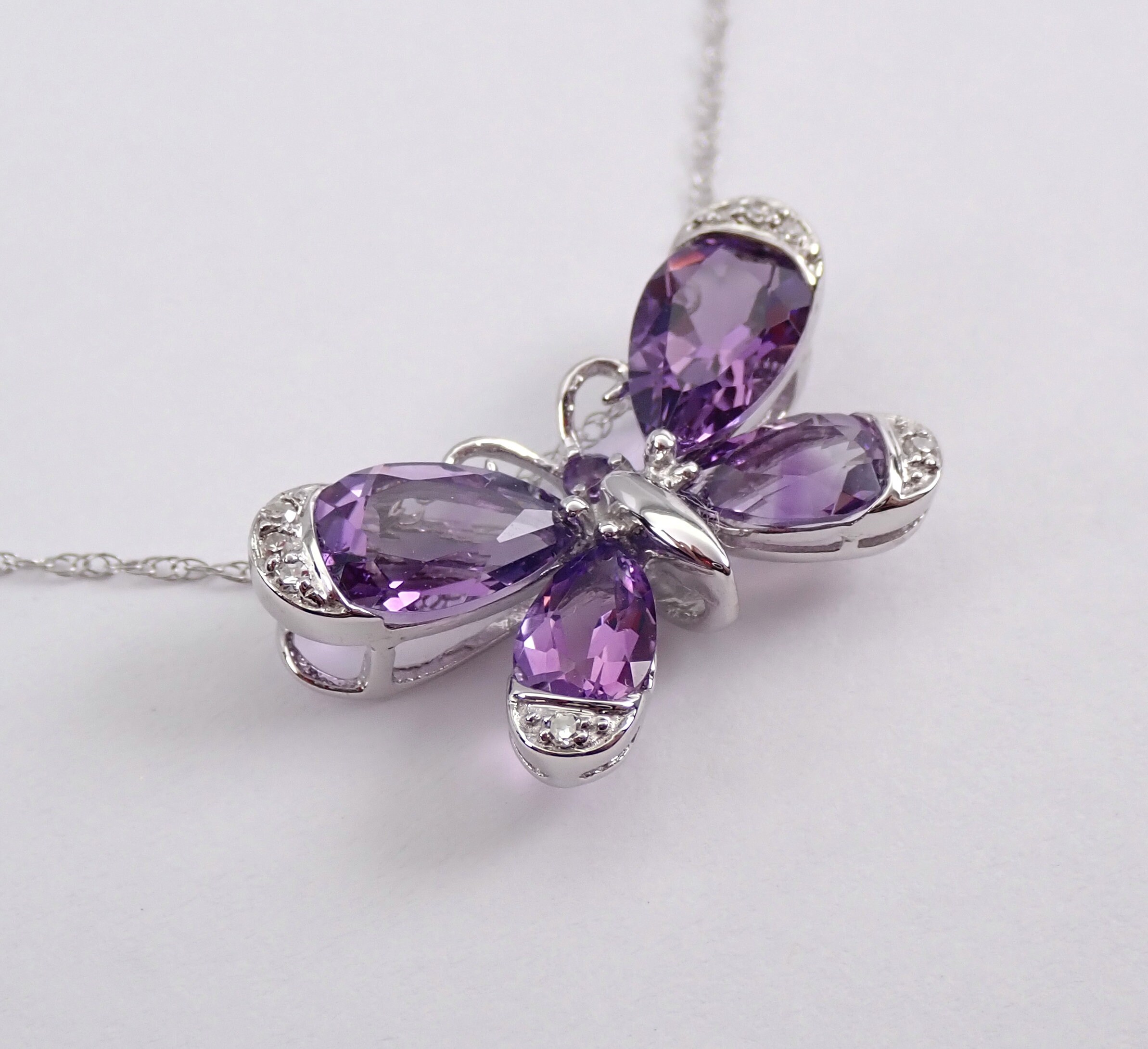 Diamond and Amethyst Butterfly Necklace Pendant 14K White Gold 18 Chain
