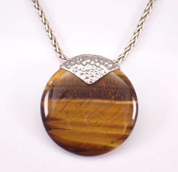 Sterling Silver Tigers Eye Pendant and Chain - Vintage Round Enhancer Charm Necklace and Slide - Large Unique Estate Hammered Choker