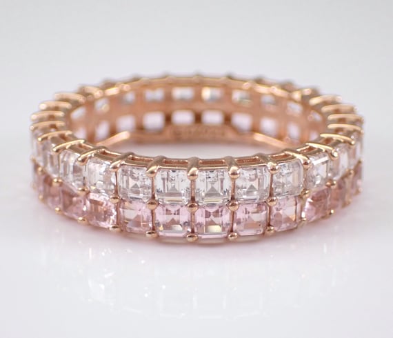 Pink Cubic Zirconia Wedding Eternity Ring, Princess Cut CZ Anniversary Band, Estate Vermeil Rose Gold Bridal Jewelry Gift