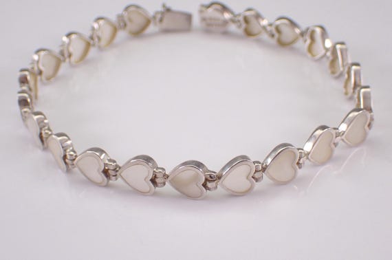 Vintage Sterling Silver Heart Bracelet: Unique Mother of Pearl Link