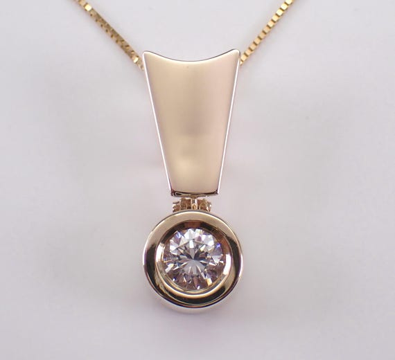 Estate 14K Yellow Gold Solitaire Necklace: Dainty Dangle Bezel Charm Pendant and Chain