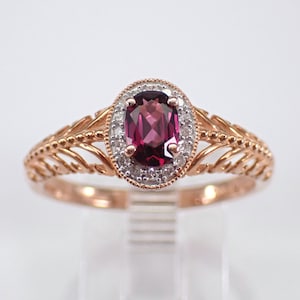 Rose Gold Rhodolite Garnet Ring, Dainty Diamond Halo Setting, January Birthstone Fine Jewelry Gift