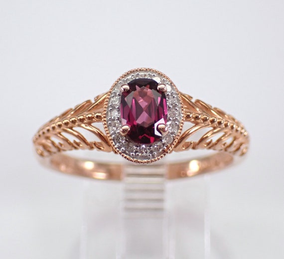 Dainty Rhodolite Garnet Ring, Rose Gold Diamond Halo Setting, January Birthstone Fine Jewelry Gift