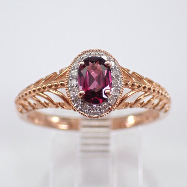 Dainty Rhodolite Garnet Ring, Rose Gold Diamond Halo Setting, January Birthstone Fine Jewelry Gift