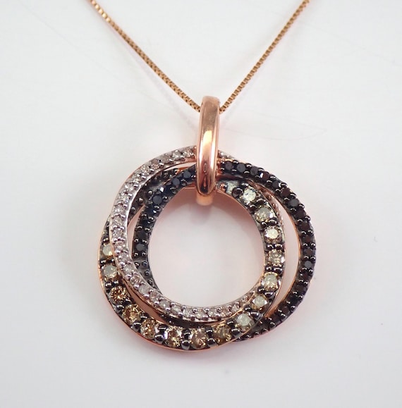 Rose Gold Brown Diamond Necklace - Interlocking Circles Charm Pendant - Dainty Black Chocolate Gemstone Jewelry Gift