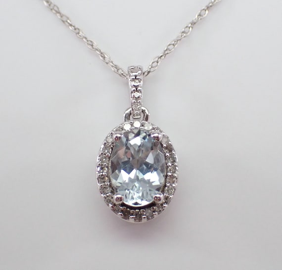 Aquamarine and Diamond Pendant and Chain - White Gold Dainty Charm Necklace - Aqua Marine March Birthstone Jewelry Gift