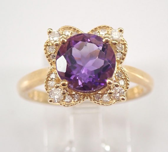 Unique Amethyst and Diamond Ring - Yellow Gold Halo Engagement Setting - February Gemstone Fine Jewelry Gift
