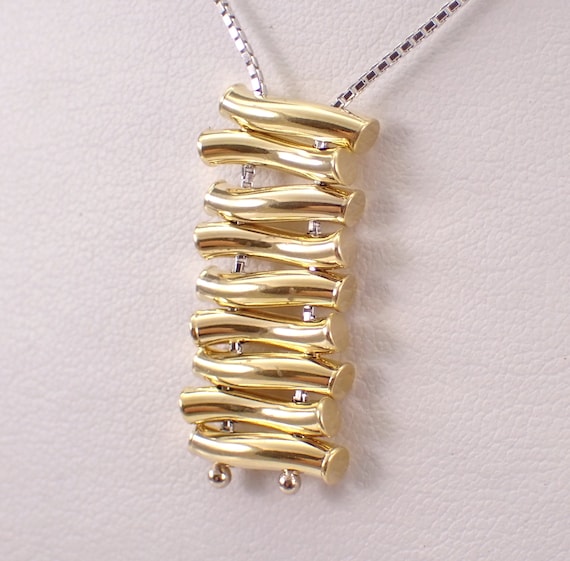 14K Yellow and White Gold Lariat Necklace, Two Tone Movable Charm Pendant, Estate Choker Box Chain Jewelry Gift